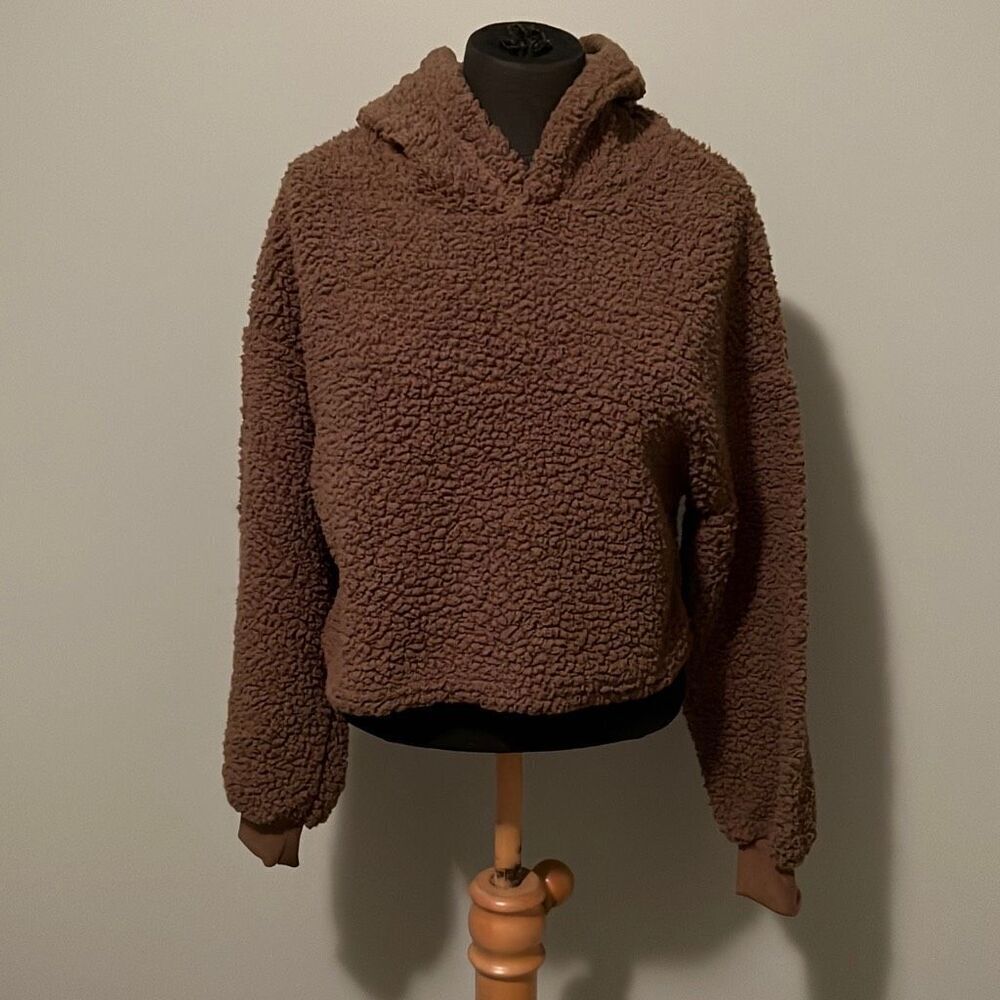 Women's Brown Long Sleeve Sherpa Cropped Teddy Pullover Hoodie
